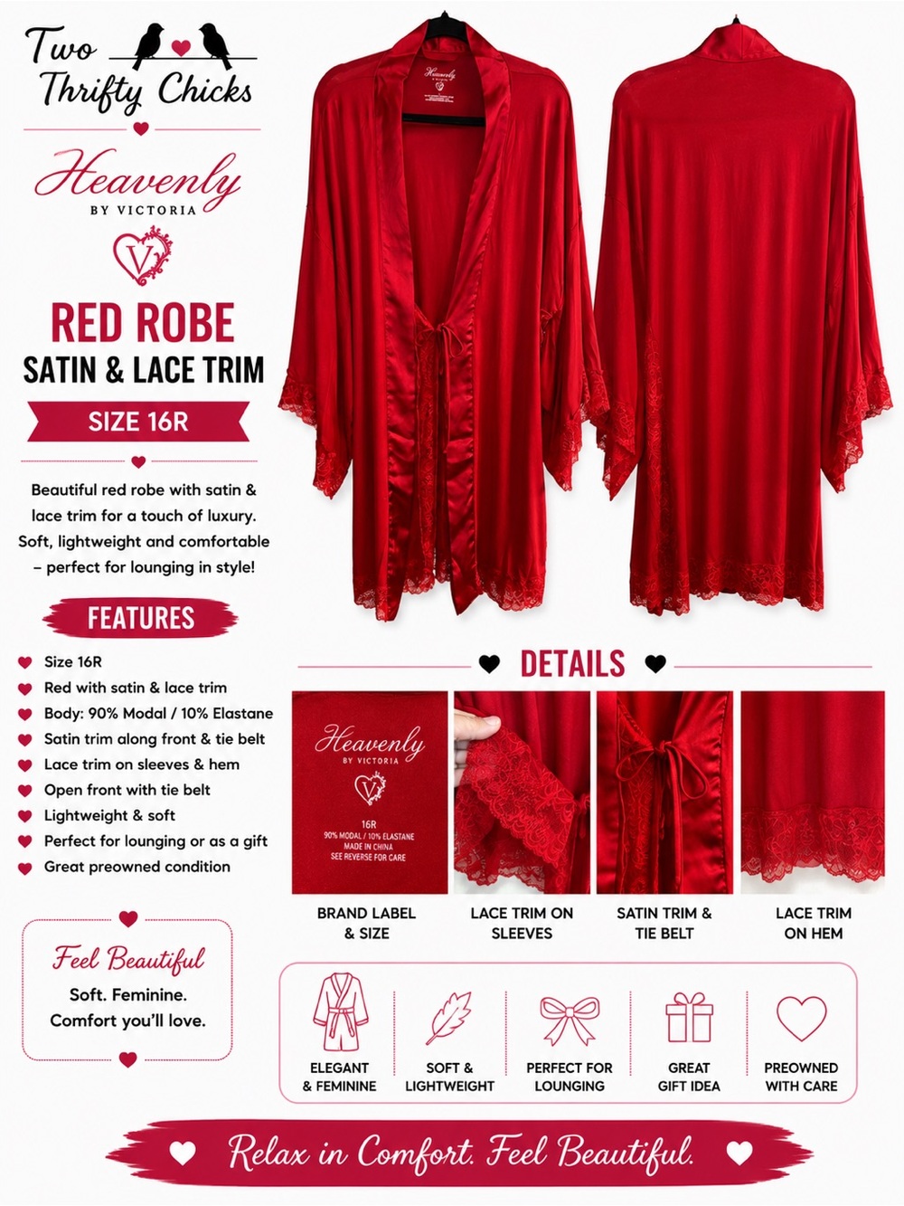 Heavenly by Victoria Red Modal Robe Satin Lace Trim XS/S GUC